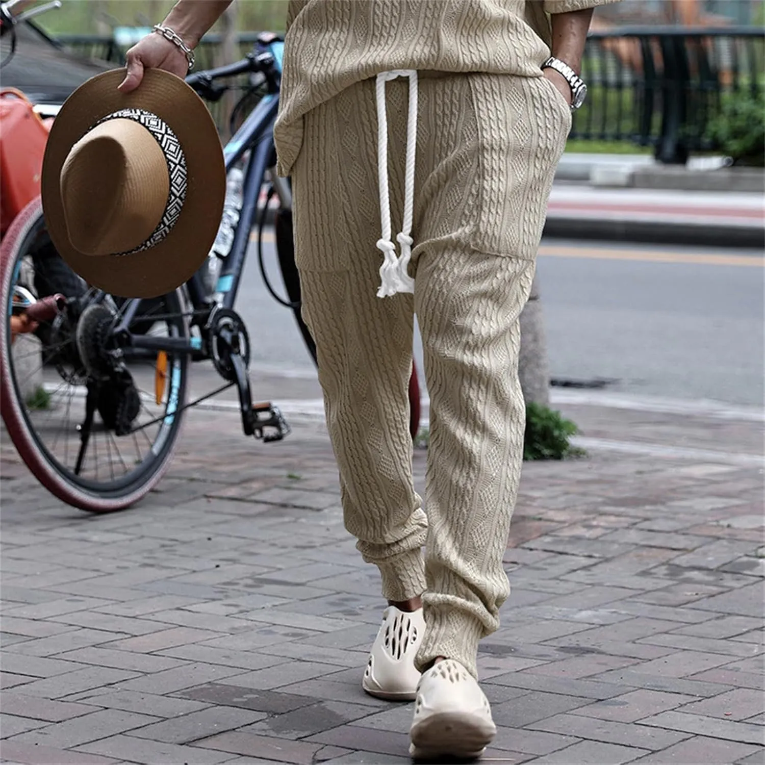 Sweatpants for Men Knited Drawstring Casual Trendy Lightweight Slim Fit Pants Outdoor Workout Running Trousers Pockets