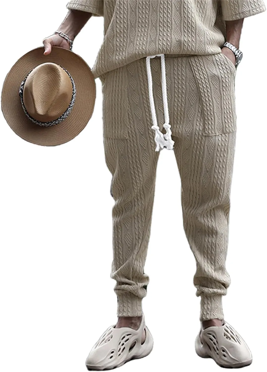 Sweatpants for Men Knited Drawstring Casual Trendy Lightweight Slim Fit Pants Outdoor Workout Running Trousers Pockets