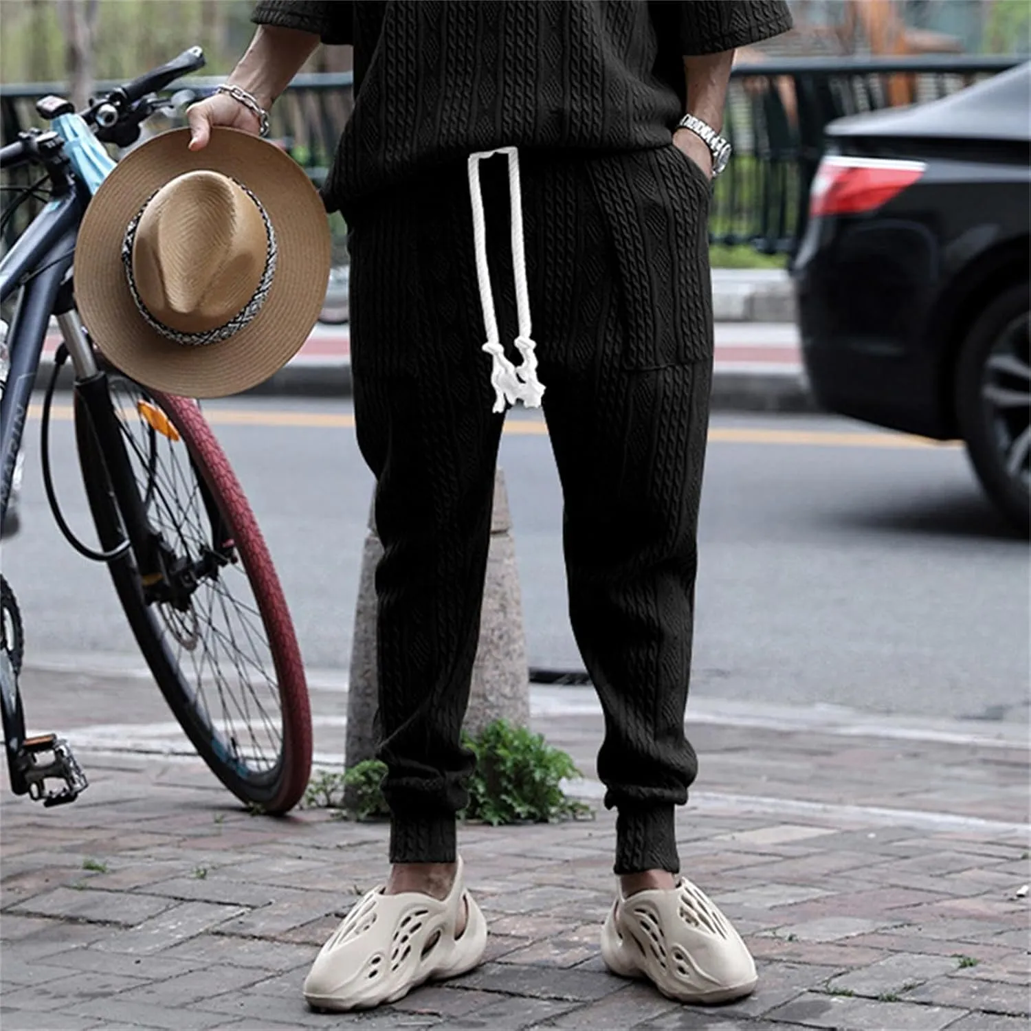 Sweatpants for Men Knited Drawstring Casual Trendy Lightweight Slim Fit Pants Outdoor Workout Running Trousers Pockets