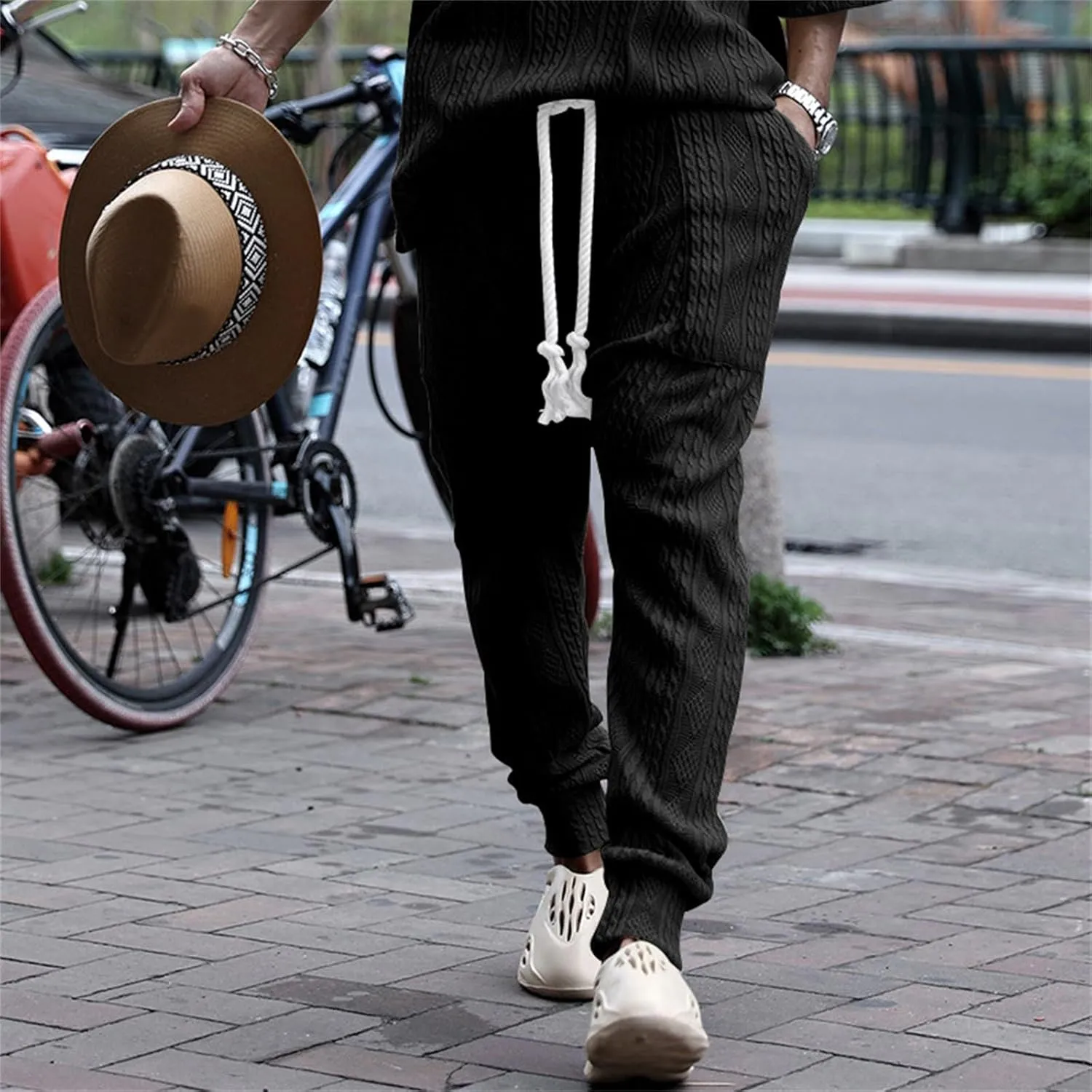 Sweatpants for Men Knited Drawstring Casual Trendy Lightweight Slim Fit Pants Outdoor Workout Running Trousers Pockets