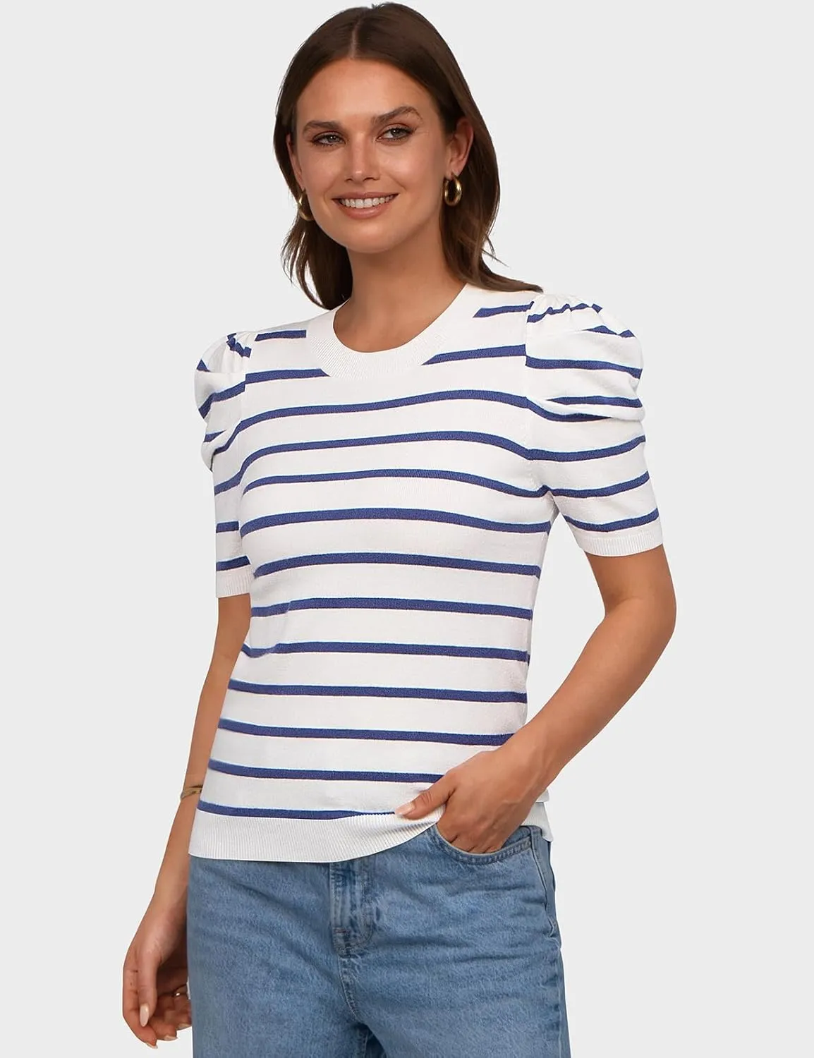 TARSE Women's Short Puff Sleeve Knit Tops Striped Crewneck Summer Sweater Casual Pullover Tops Shirts Trendy Outfits 2025
