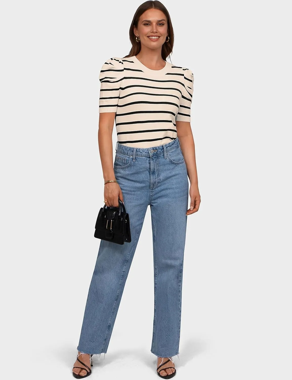 TARSE Women's Short Puff Sleeve Knit Tops Striped Crewneck Summer Sweater Casual Pullover Tops Shirts Trendy Outfits 2025