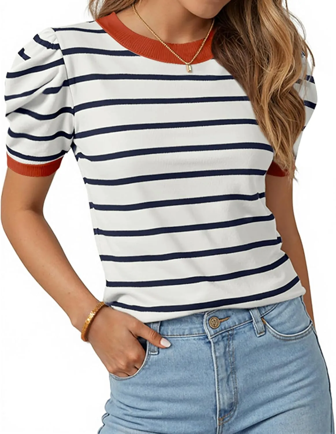 TARSE Women's Short Puff Sleeve Knit Tops Striped Crewneck Summer Sweater Casual Pullover Tops Shirts Trendy Outfits 2025