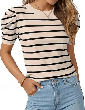 TARSE Women's Short Puff Sleeve Knit Tops Striped Crewneck Summer Sweater Casual Pullover Tops Shirts Trendy Outfits 2025