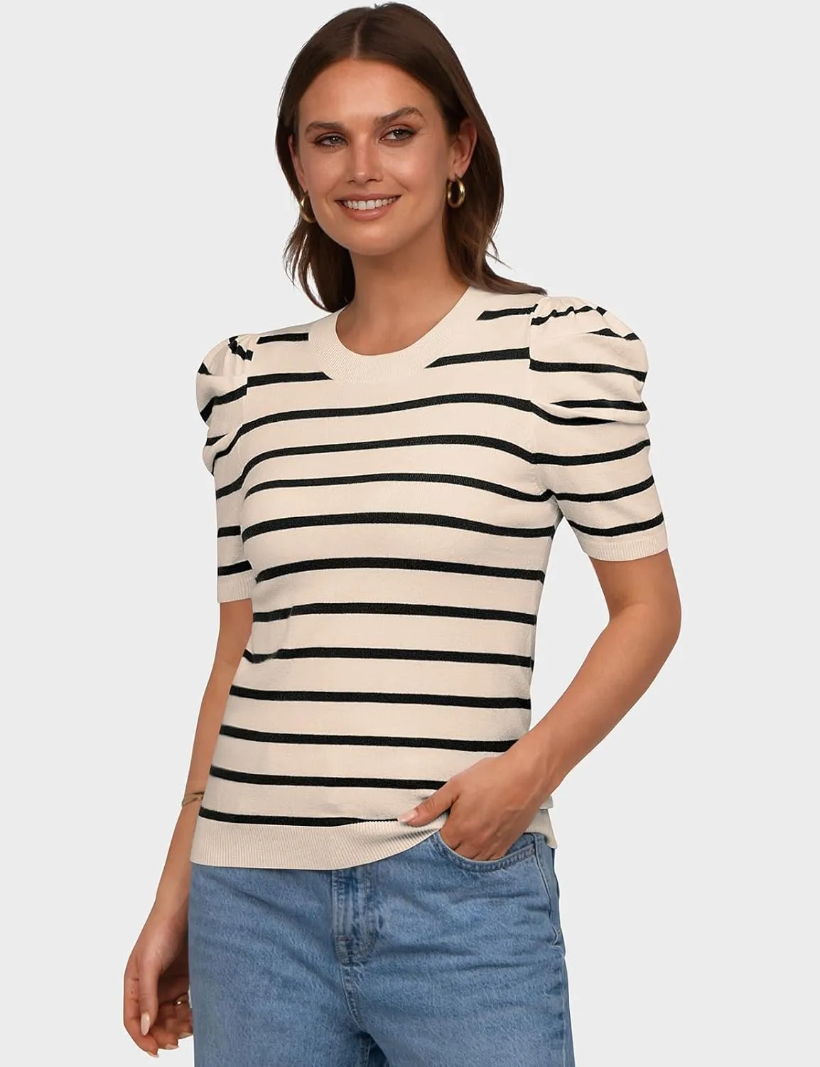 TARSE Women's Short Puff Sleeve Knit Tops Striped Crewneck Summer Sweater Casual Pullover Tops Shirts Trendy Outfits 2025
