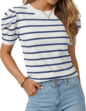 TARSE Women's Short Puff Sleeve Knit Tops Striped Crewneck Summer Sweater Casual Pullover Tops Shirts Trendy Outfits 2025