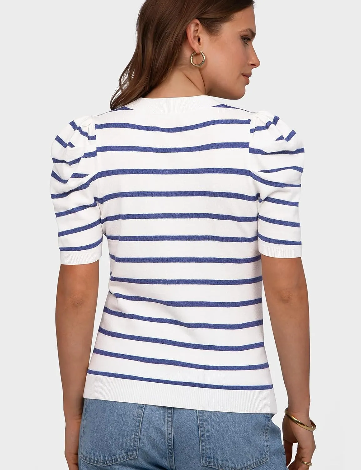 TARSE Women's Short Puff Sleeve Knit Tops Striped Crewneck Summer Sweater Casual Pullover Tops Shirts Trendy Outfits 2025