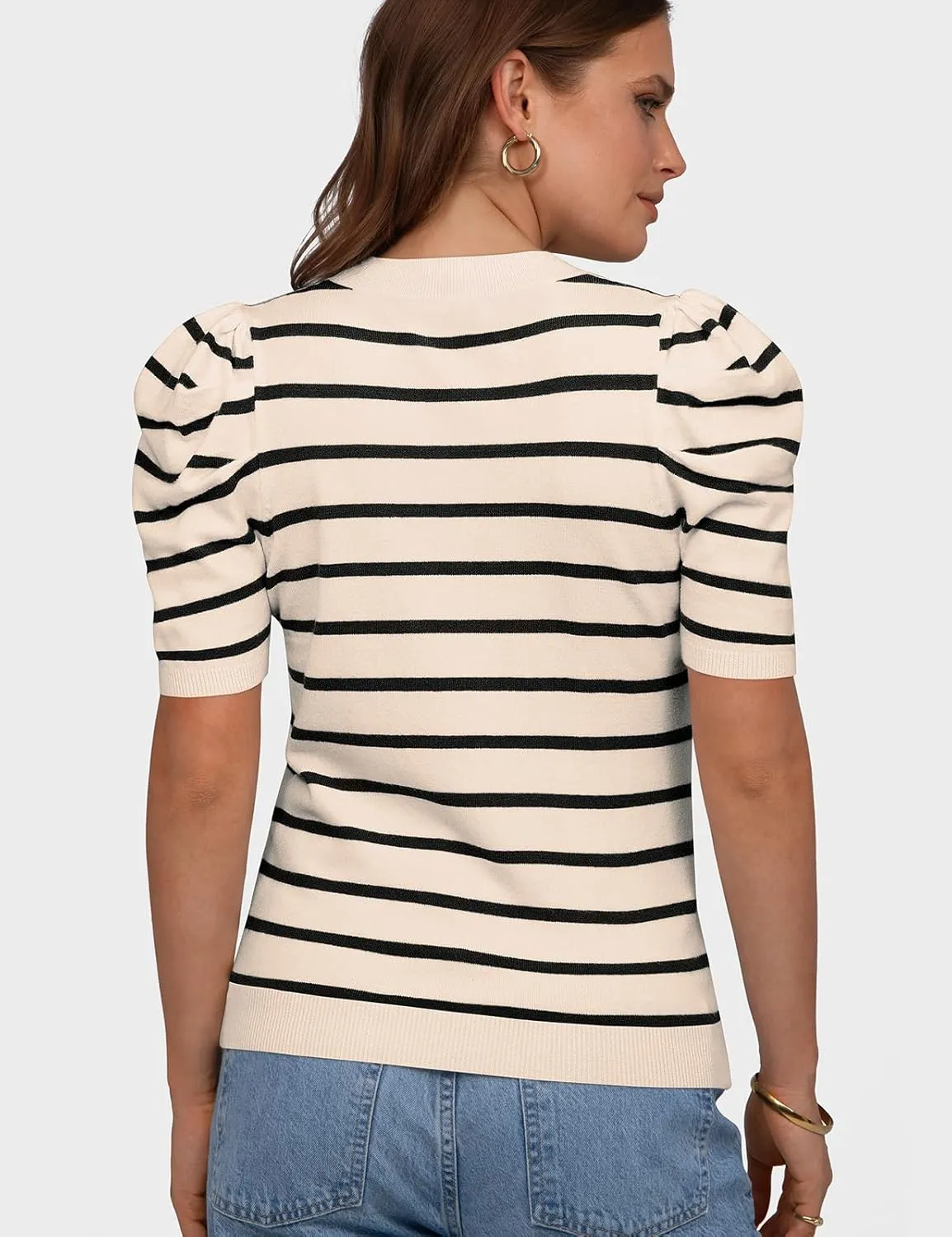 TARSE Women's Short Puff Sleeve Knit Tops Striped Crewneck Summer Sweater Casual Pullover Tops Shirts Trendy Outfits 2025