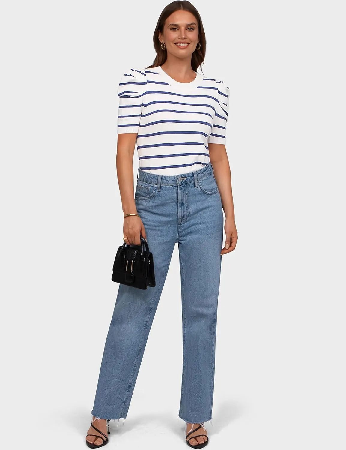 TARSE Women's Short Puff Sleeve Knit Tops Striped Crewneck Summer Sweater Casual Pullover Tops Shirts Trendy Outfits 2025