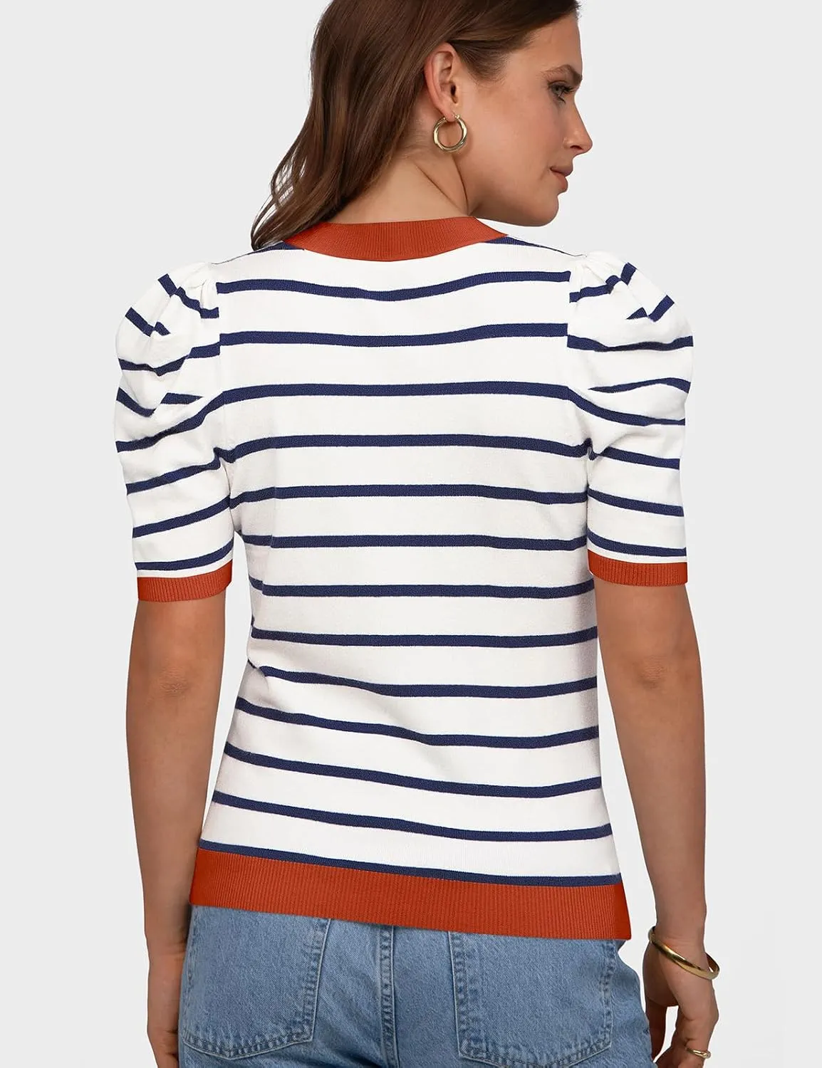 TARSE Women's Short Puff Sleeve Knit Tops Striped Crewneck Summer Sweater Casual Pullover Tops Shirts Trendy Outfits 2025