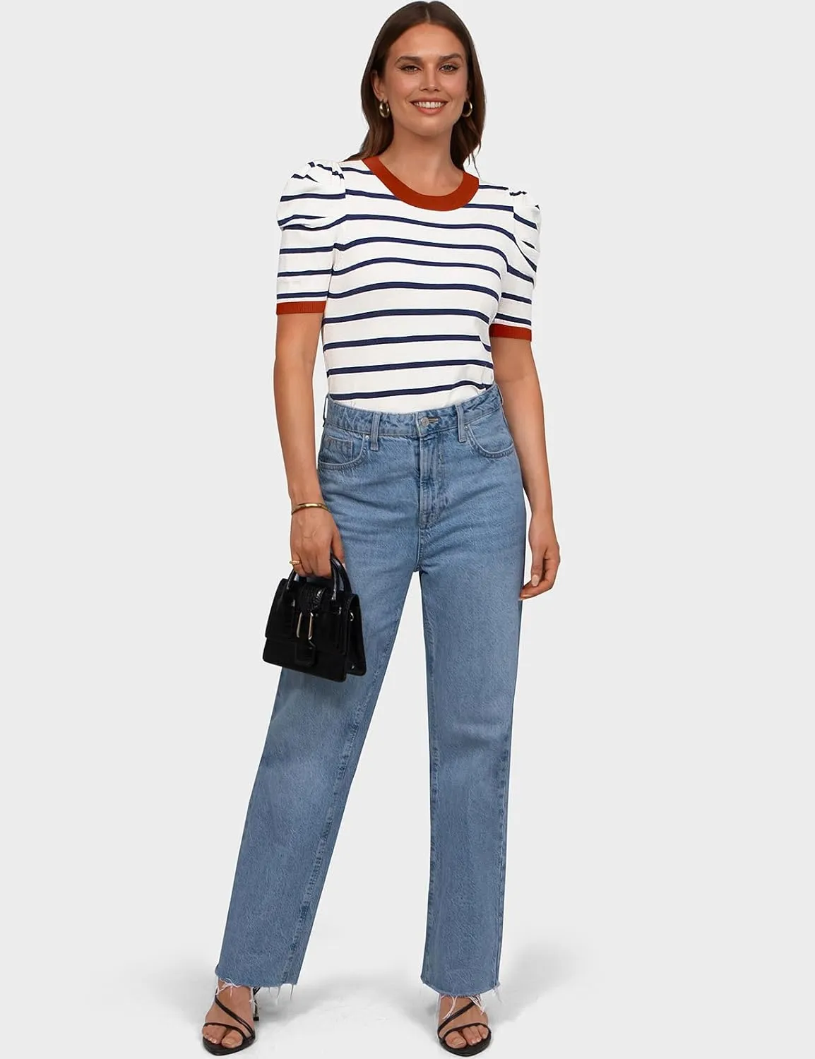 TARSE Women's Short Puff Sleeve Knit Tops Striped Crewneck Summer Sweater Casual Pullover Tops Shirts Trendy Outfits 2025