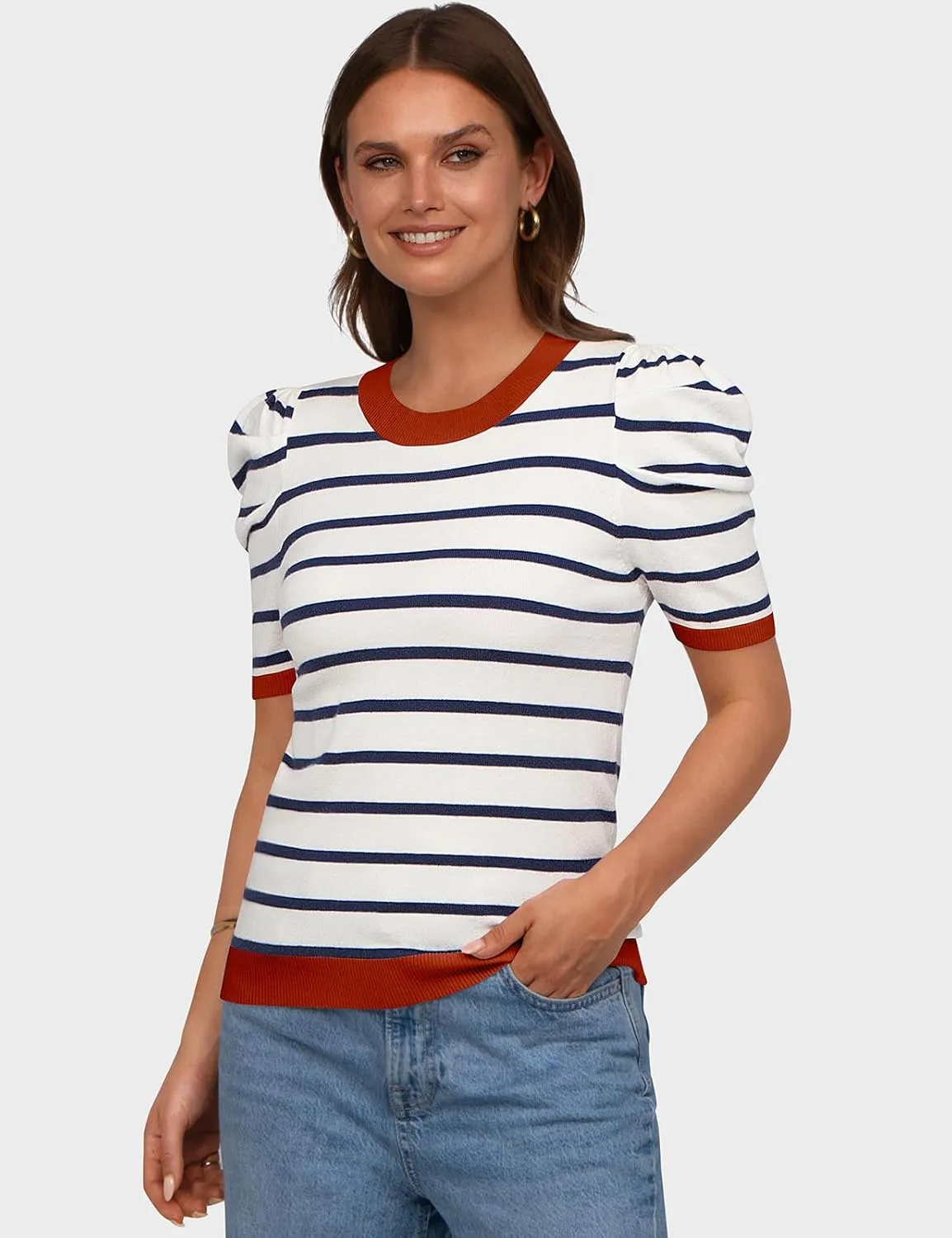 TARSE Women's Short Puff Sleeve Knit Tops Striped Crewneck Summer Sweater Casual Pullover Tops Shirts Trendy Outfits 2025