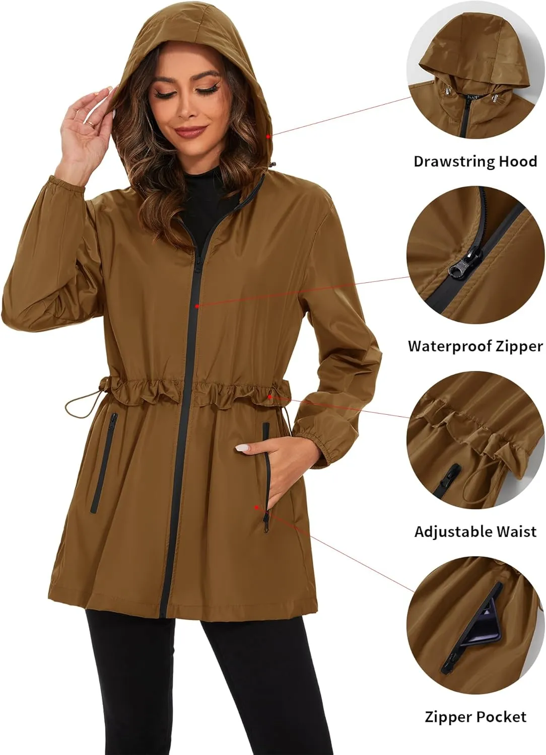 TCOT Rain Jackets for Women Waterproof Packable Hooded Rain Coat Lightweight Windbreaker with Pocket