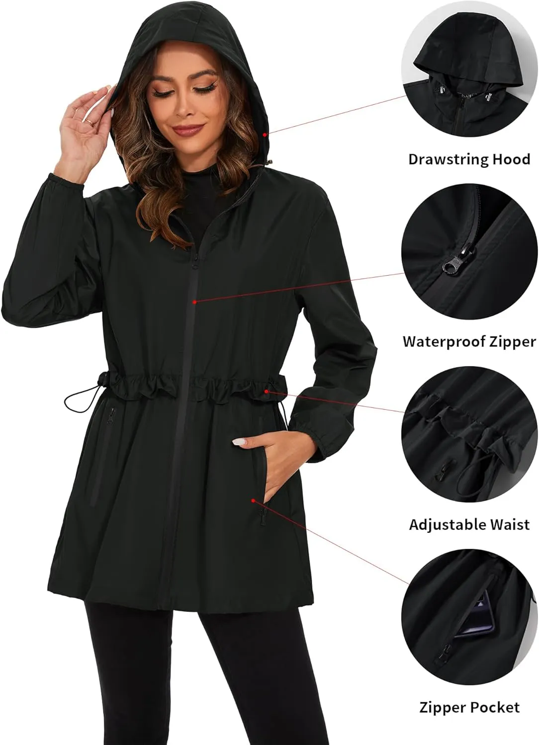 TCOT Rain Jackets for Women Waterproof Packable Hooded Rain Coat Lightweight Windbreaker with Pocket
