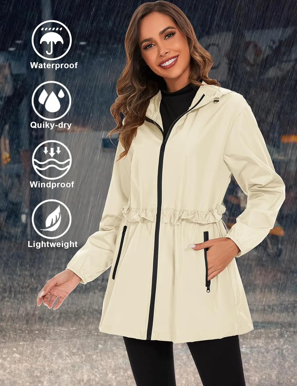 TCOT Rain Jackets for Women Waterproof Packable Hooded Rain Coat Lightweight Windbreaker with Pocket