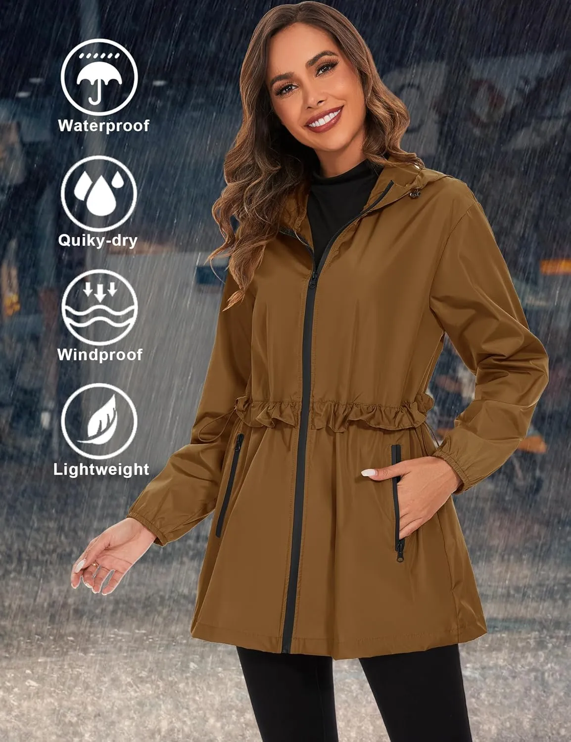 TCOT Rain Jackets for Women Waterproof Packable Hooded Rain Coat Lightweight Windbreaker with Pocket