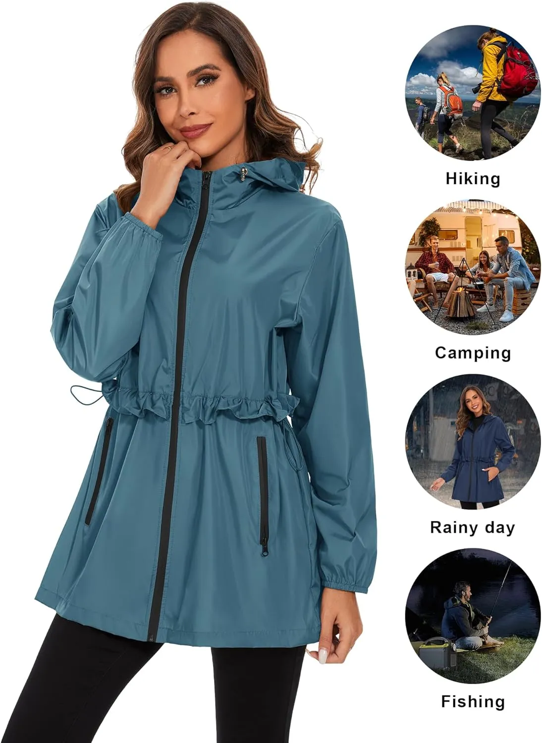 TCOT Rain Jackets for Women Waterproof Packable Hooded Rain Coat Lightweight Windbreaker with Pocket