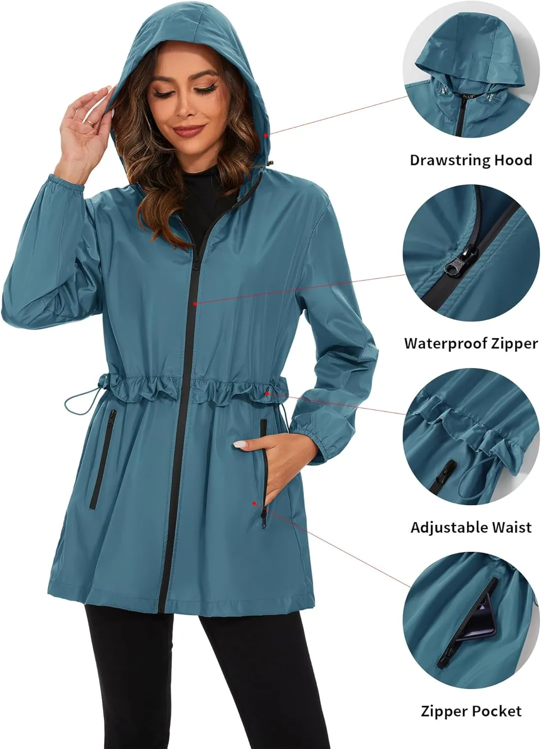 TCOT Rain Jackets for Women Waterproof Packable Hooded Rain Coat Lightweight Windbreaker with Pocket