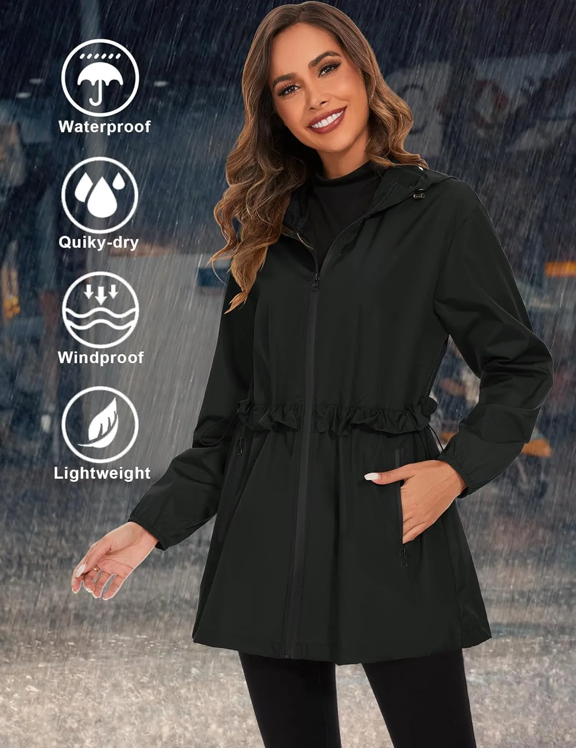 TCOT Rain Jackets for Women Waterproof Packable Hooded Rain Coat Lightweight Windbreaker with Pocket