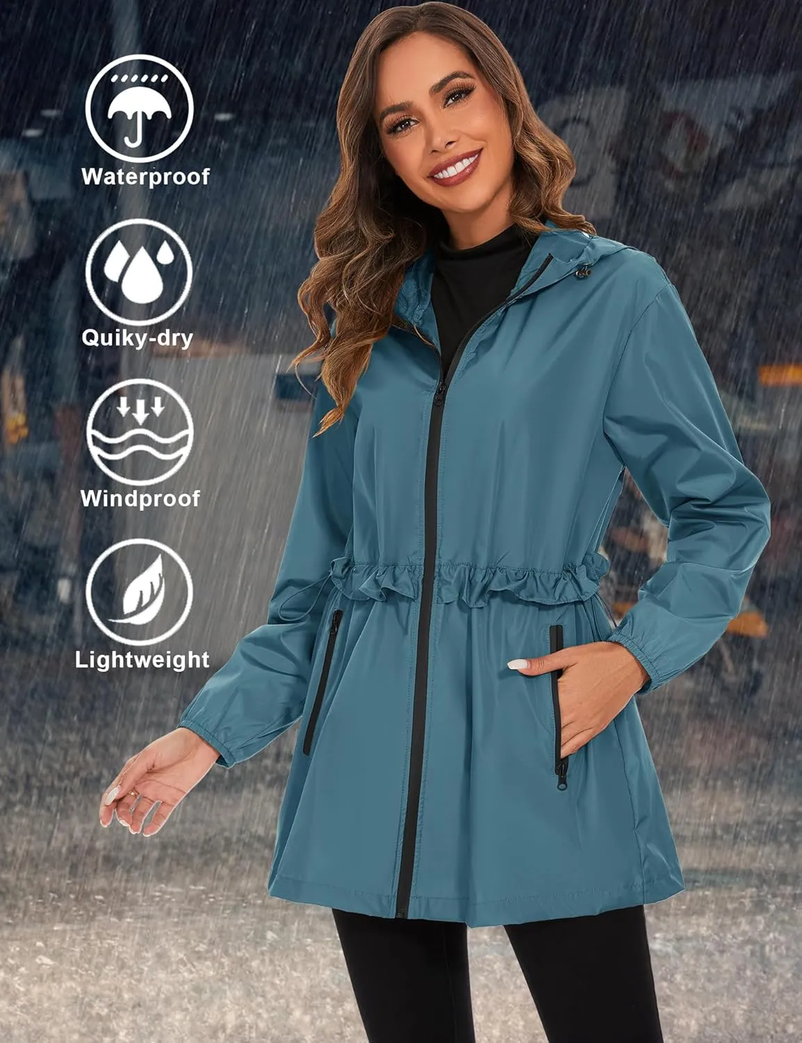 TCOT Rain Jackets for Women Waterproof Packable Hooded Rain Coat Lightweight Windbreaker with Pocket