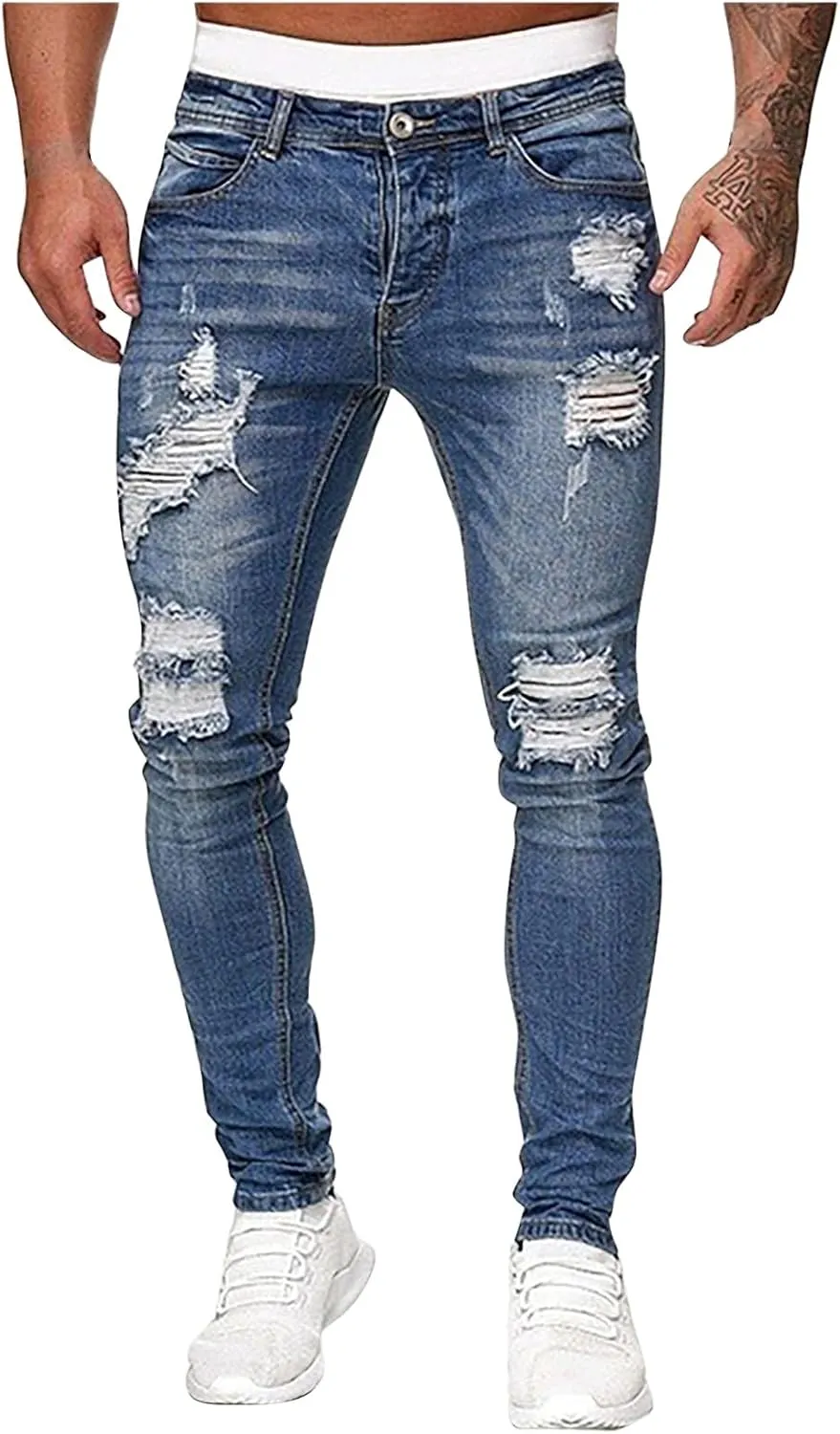 Thatrich Mens Destroyed Jeans Moto Denim Pants Slim Fit Stretch Jean Skinny Ripped Cowboy Trousers Trendy Streetwear Spring