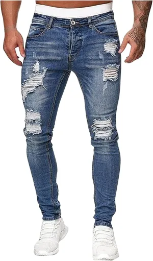 Thatrich Mens Destroyed Jeans Moto Denim Pants Slim Fit Stretch Jean Skinny Ripped Cowboy Trousers Trendy Streetwear Spring