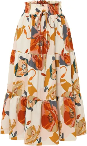 Tiered Floral Maxi Skirts for Women Trendy Elastic High Waisted Flowy Long Skirt Summer Boho Beach A Line Skirt