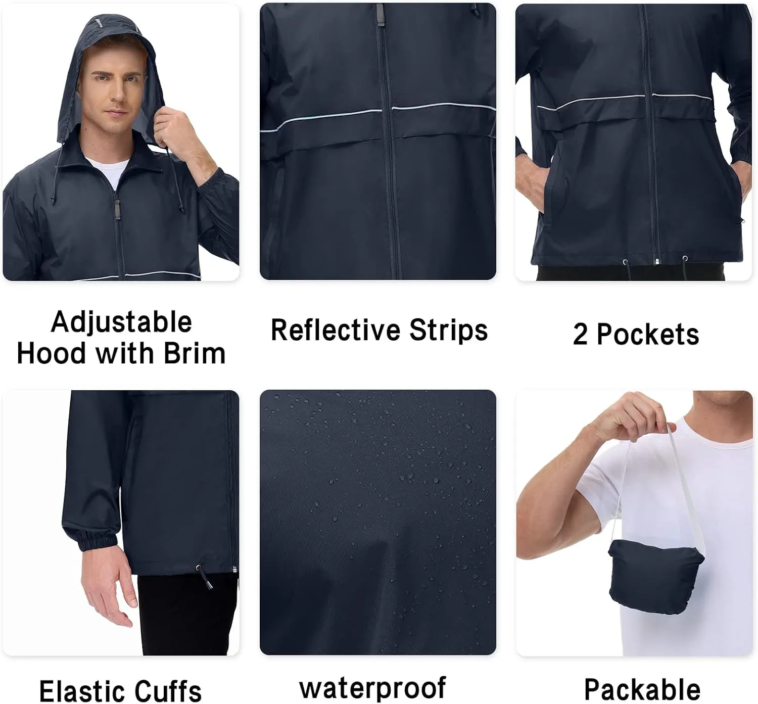 TIHEEN Men's Rain Jacket Cycling Running Jackets Waterproof Raincoat with Hood Windbreaker Hiking Jacket Rain Coat