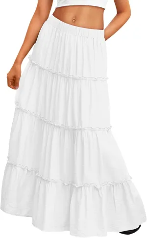 Trendy Queen Long Skirts for Women Boho Maxi Skirt Summer Swing Tiered A-Line Elastic High Waist Dress with Pockets Fashion