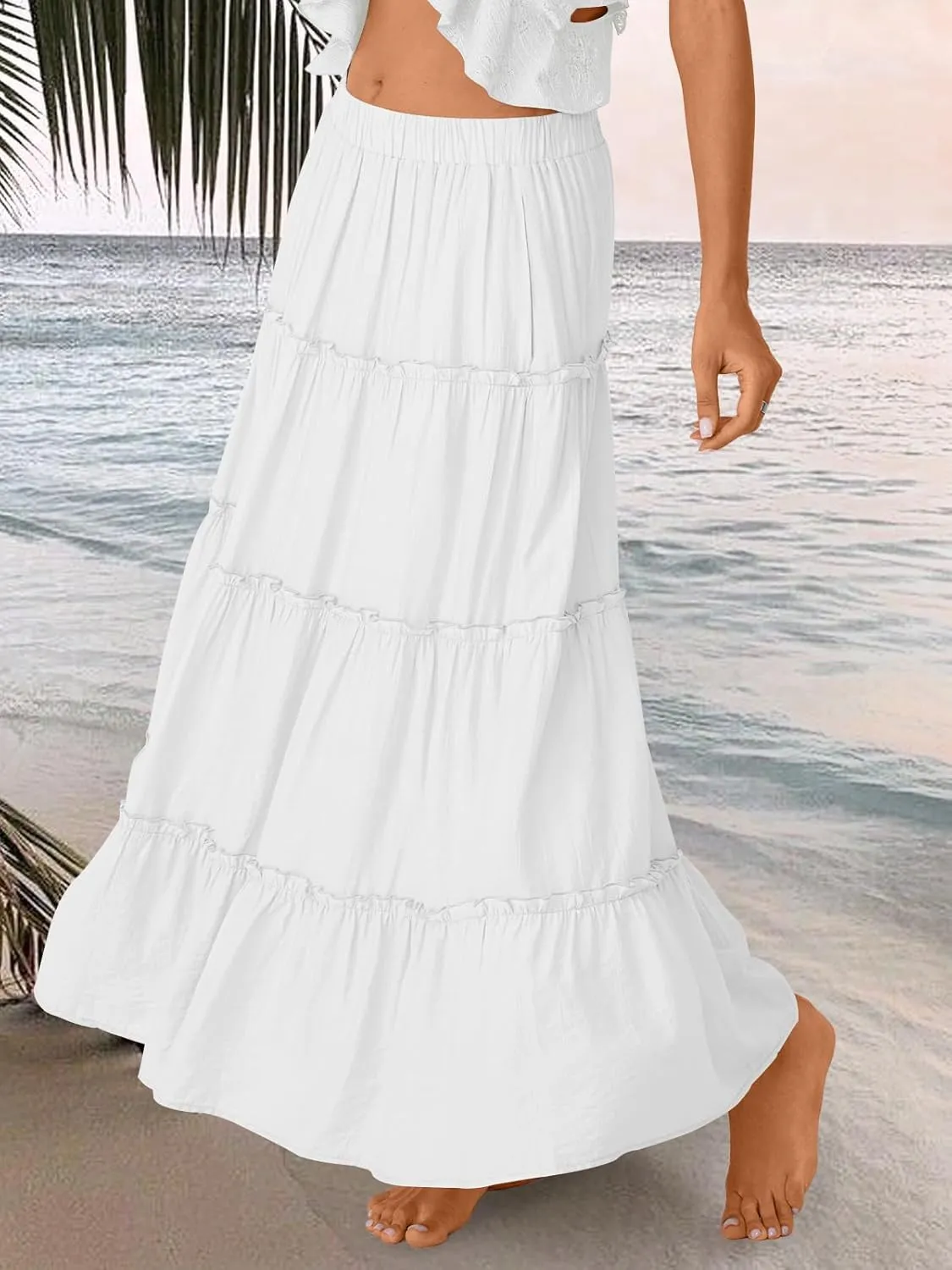 Trendy Queen Long Skirts for Women Boho Maxi Skirt Summer Swing Tiered A-Line Elastic High Waist Dress with Pockets Fashion