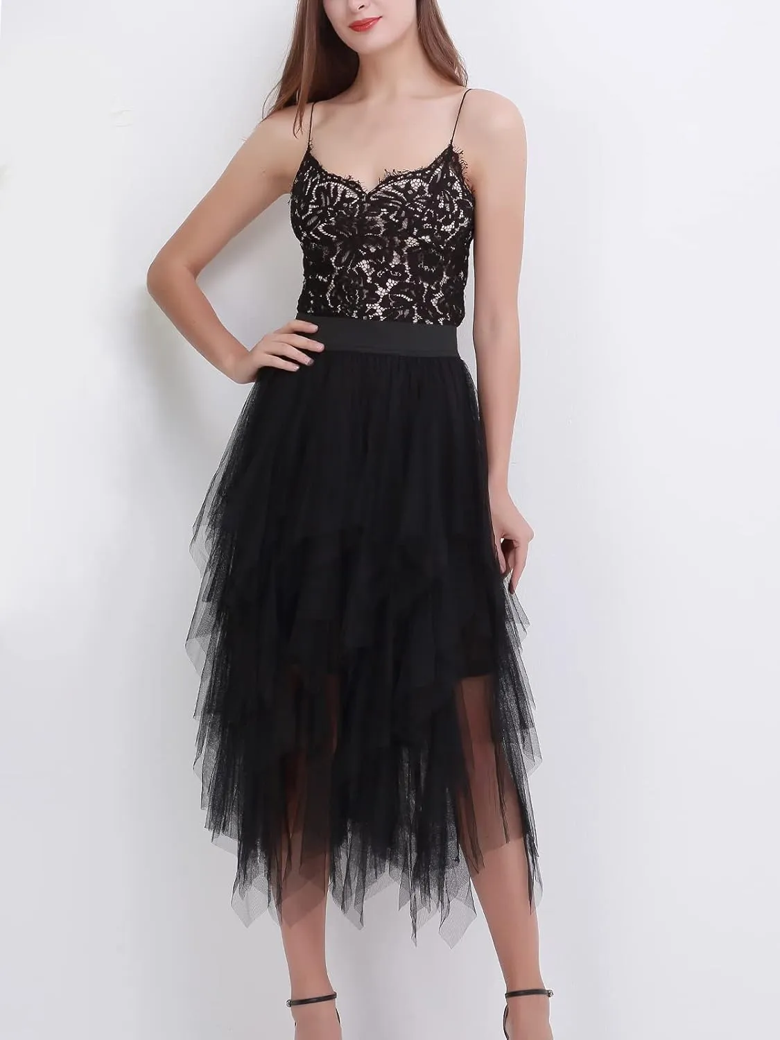 Tulle Skirts for Women Midi Long Fairy Skirt Tutu A-Line Mesh Layered High Elastic Waist Halloween Skirts