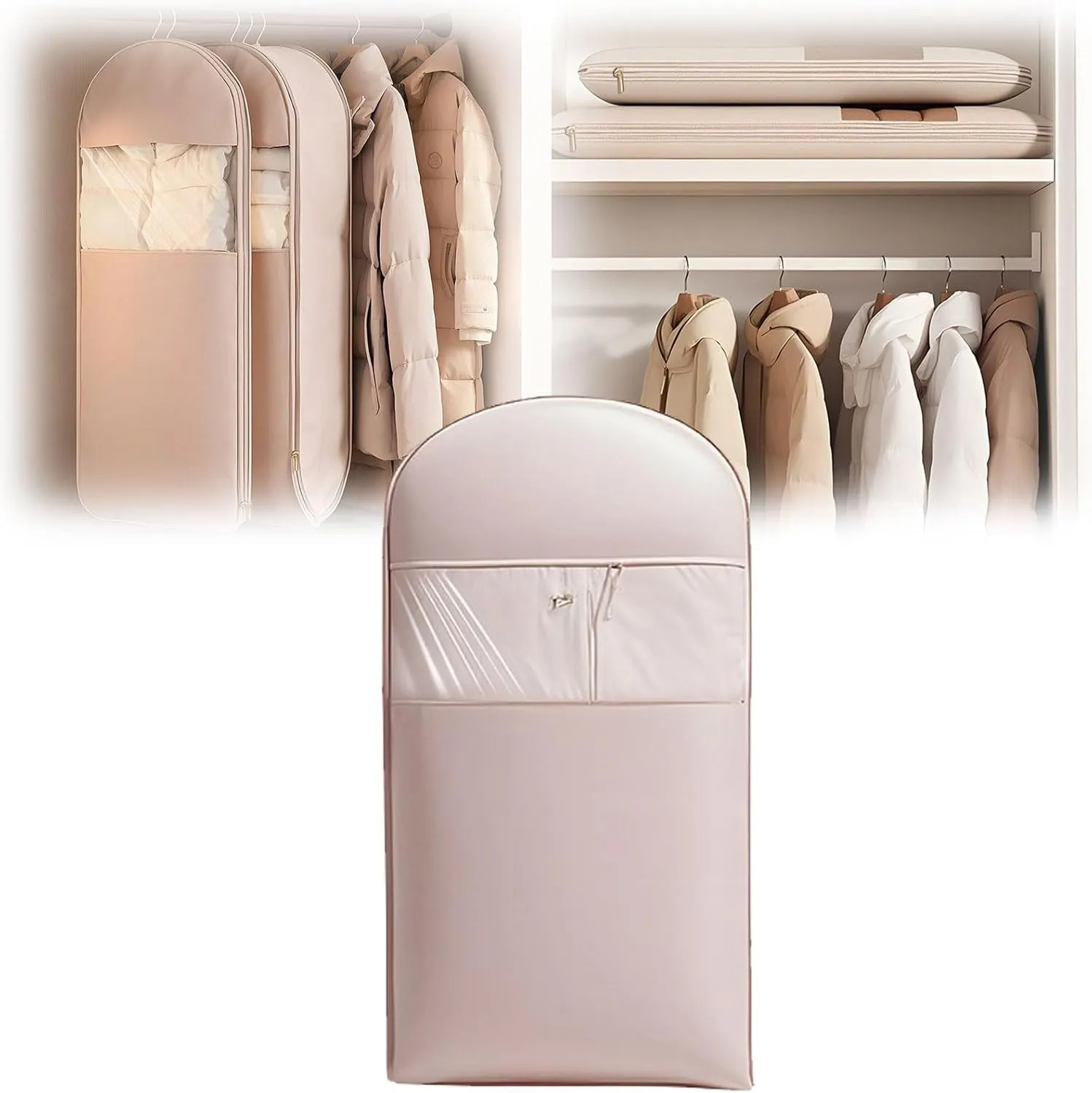 Ultra Space-Saving Hanging Garment Bag with Self-Compression Zipper - Coat Storage Hanging Bag, Heavy-Duty Waterproof Clothes Protector for Winter Coats, Suits (Pink, L)