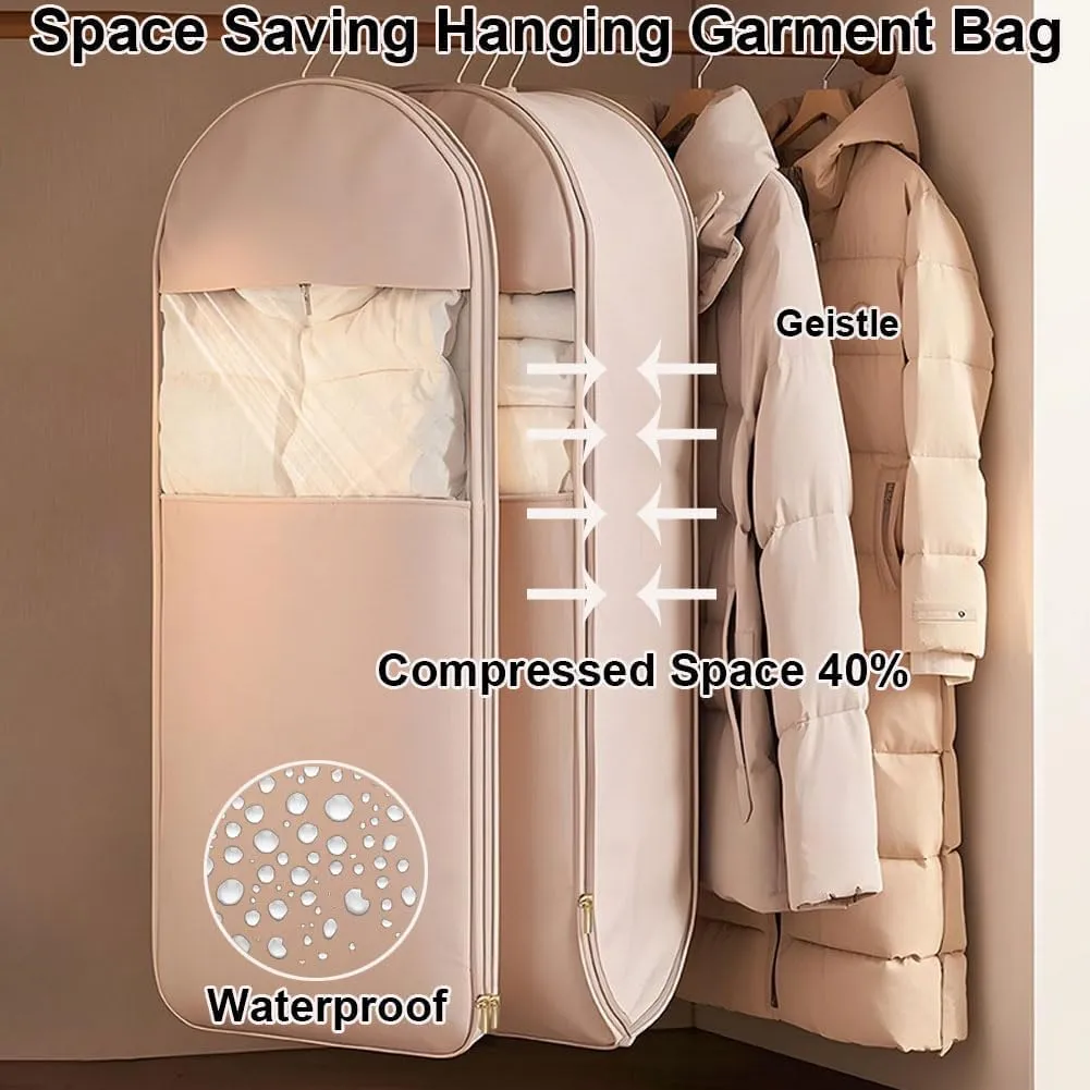 Ultra Space-Saving Hanging Garment Bag with Self-Compression Zipper - Coat Storage Hanging Bag, Heavy-Duty Waterproof Clothes Protector for Winter Coats, Suits (Pink, XL)