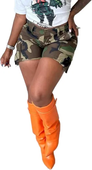Vakkest Women's Camo Cargo Shorts Casual Trendy High Waisted Summer Joggers Camouflage Print Short Pants with Pockets