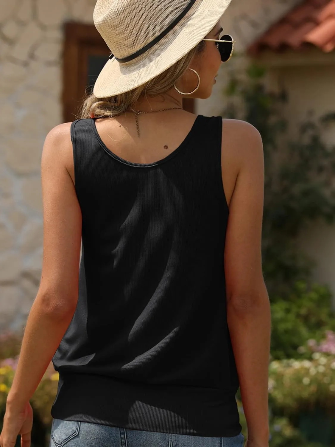 Veatzaer Women V Neck Tank Tops Summer Ribbed Sleeveless Casual Tops Loose Fit Banded Bottom Shirts