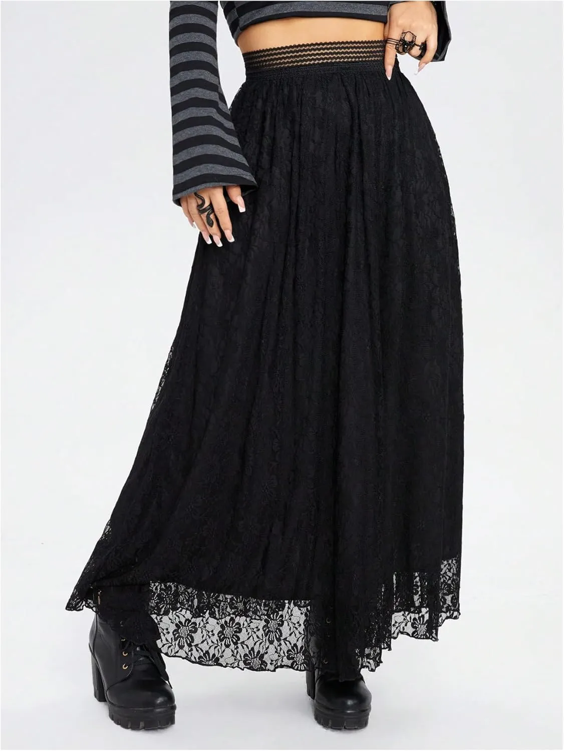 Verdusa Women's Contrast Lace High Waist Goth Maxi Skirts Flowy Flared Loose Long Skirts