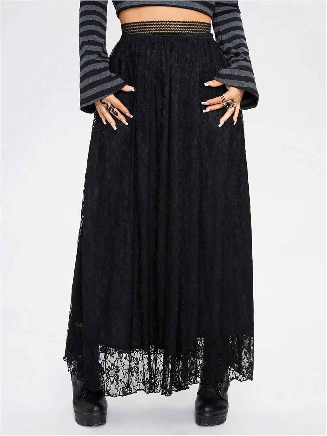 Verdusa Women's Contrast Lace High Waist Goth Maxi Skirts Flowy Flared Loose Long Skirts