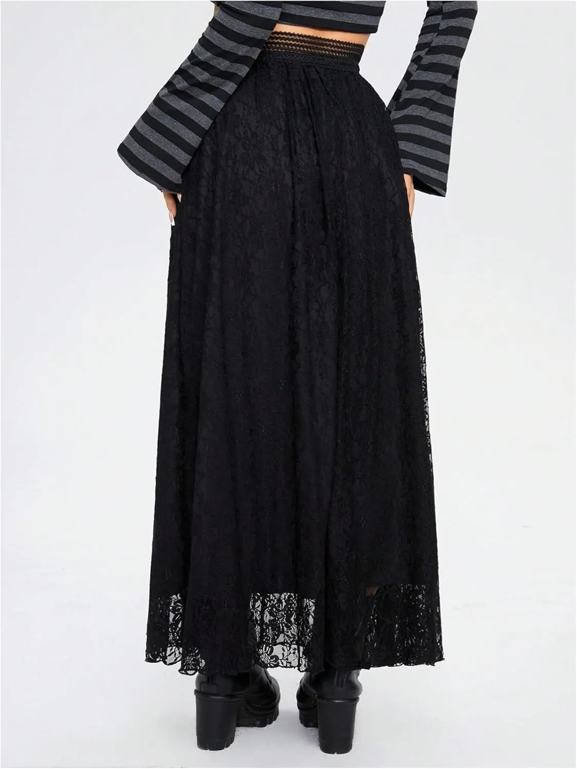 Verdusa Women's Contrast Lace High Waist Goth Maxi Skirts Flowy Flared Loose Long Skirts