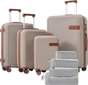 Versatile 4 Piece Luggage Set with Compression Packing Cubes, Lightweight Expandable Suitcases with Spinner Wheels, Khaki