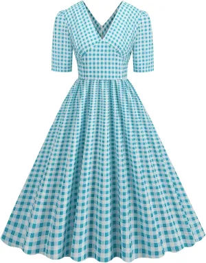 Vintage Dress for Women Semi-Formal 1950s Polka Dots V-Neck Swing A-Line Rockabilly Midi Dresses Garden Party Dresses
