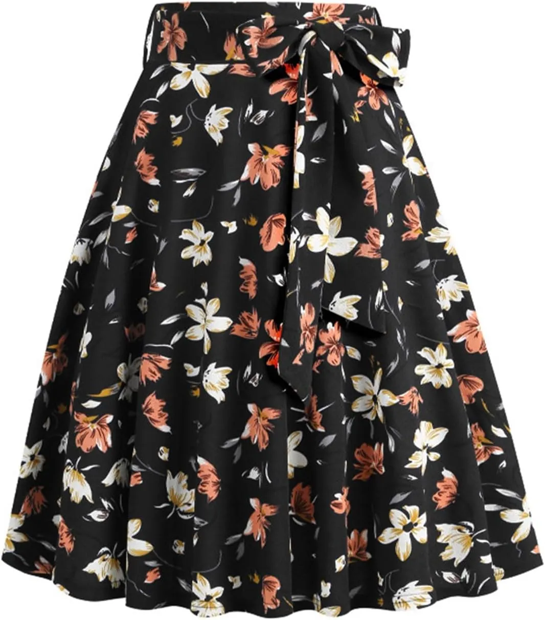 Vintage Floral Skirts for Women High Waist A Line Midi Skirt Pleated Flare Lace Up Mini Skirts Ladies Half Dress
