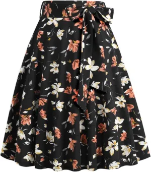 Vintage Floral Skirts for Women High Waist A Line Midi Skirt Pleated Flare Lace Up Mini Skirts Ladies Half Dress