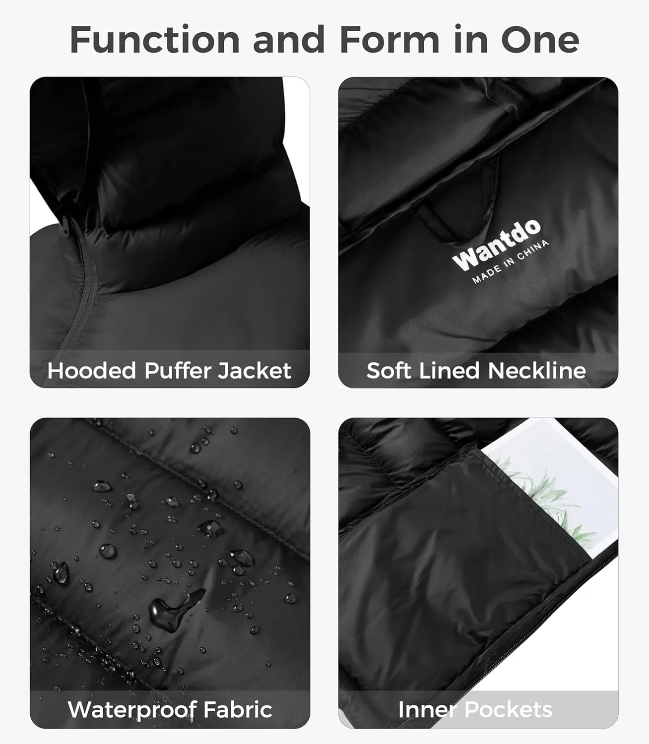 wantdo Women's Waterproof Winter Jacket Lightweight Hooded Down Jackets Packable Quilted Warm Winter Coat