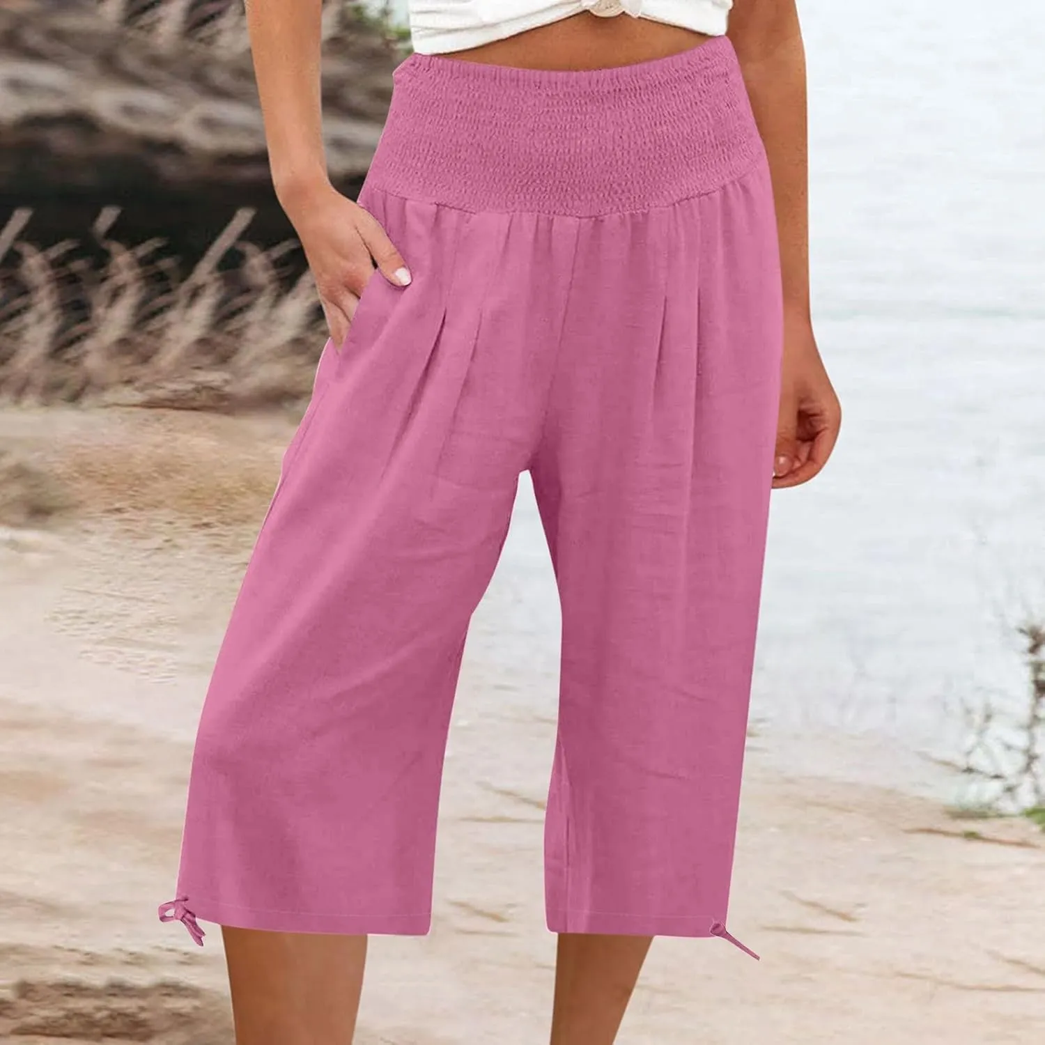 Wide Leg Capri Pants Women Summer Linen High Waisted Lounge Pants Drawstring Straight Leg Trousers Loose Comfy for Ladies