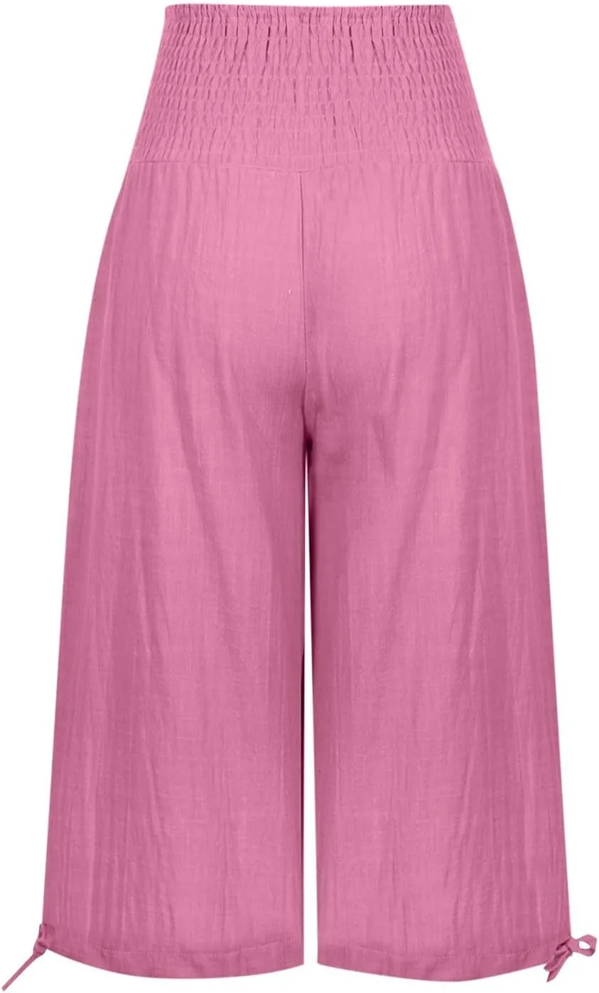 Wide Leg Capri Pants Women Summer Linen High Waisted Lounge Pants Drawstring Straight Leg Trousers Loose Comfy for Ladies
