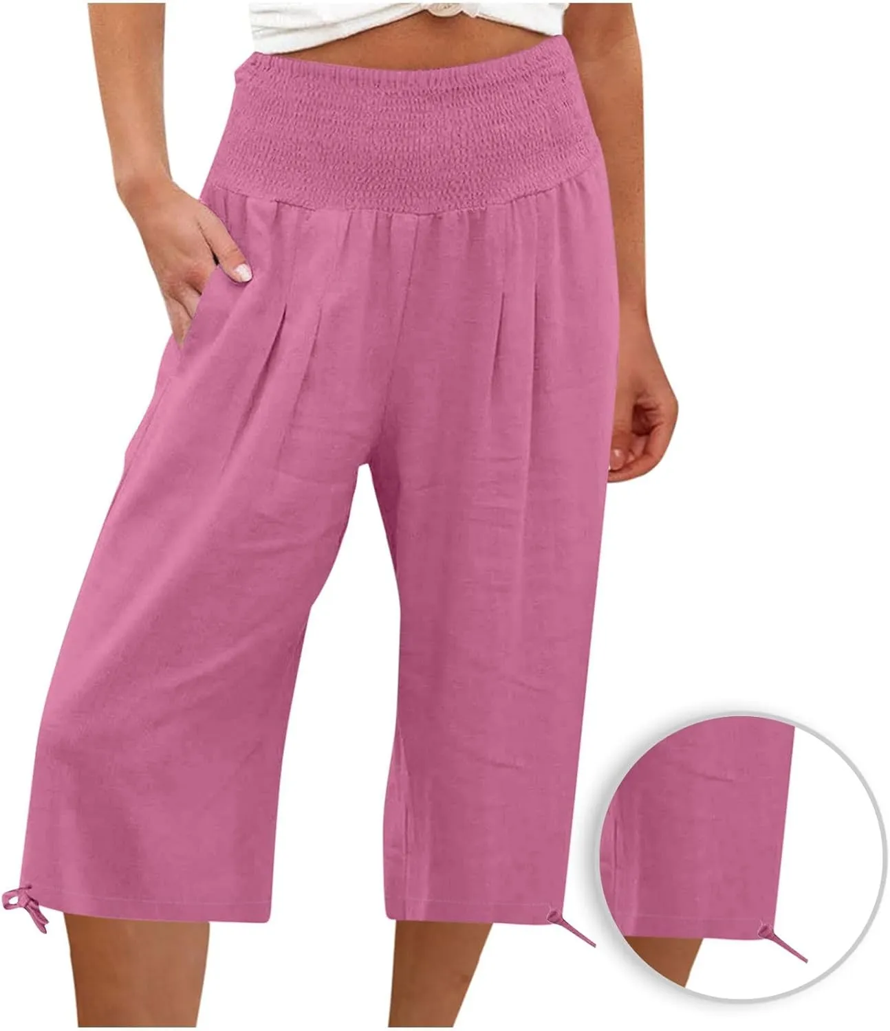 Wide Leg Capri Pants Women Summer Linen High Waisted Lounge Pants Drawstring Straight Leg Trousers Loose Comfy for Ladies