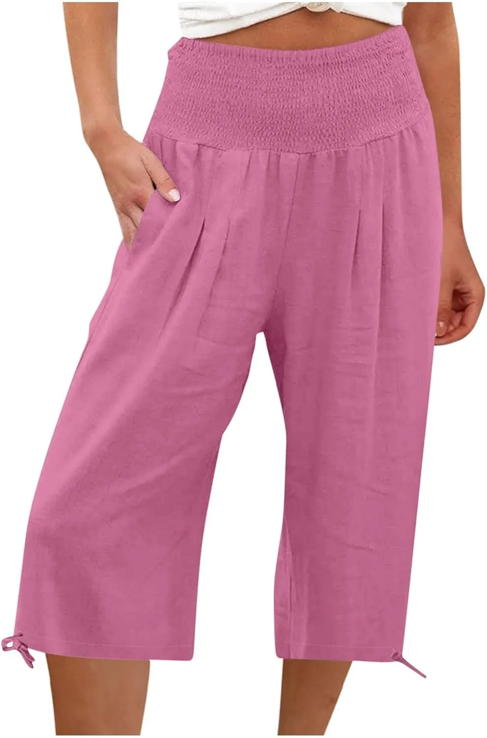 Wide Leg Capri Pants Women Summer Linen High Waisted Lounge Pants Drawstring Straight Leg Trousers Loose Comfy for Ladies