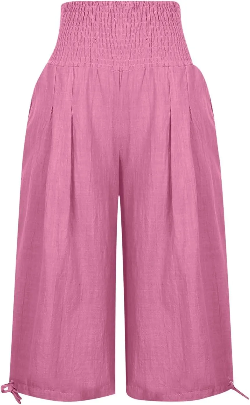 Wide Leg Capri Pants Women Summer Linen High Waisted Lounge Pants Drawstring Straight Leg Trousers Loose Comfy for Ladies