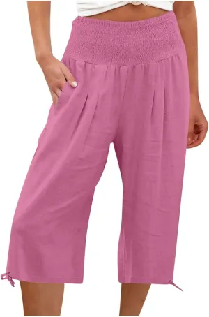 Wide Leg Capri Pants Women Summer Linen High Waisted Lounge Pants Drawstring Straight Leg Trousers Loose Comfy for Ladies