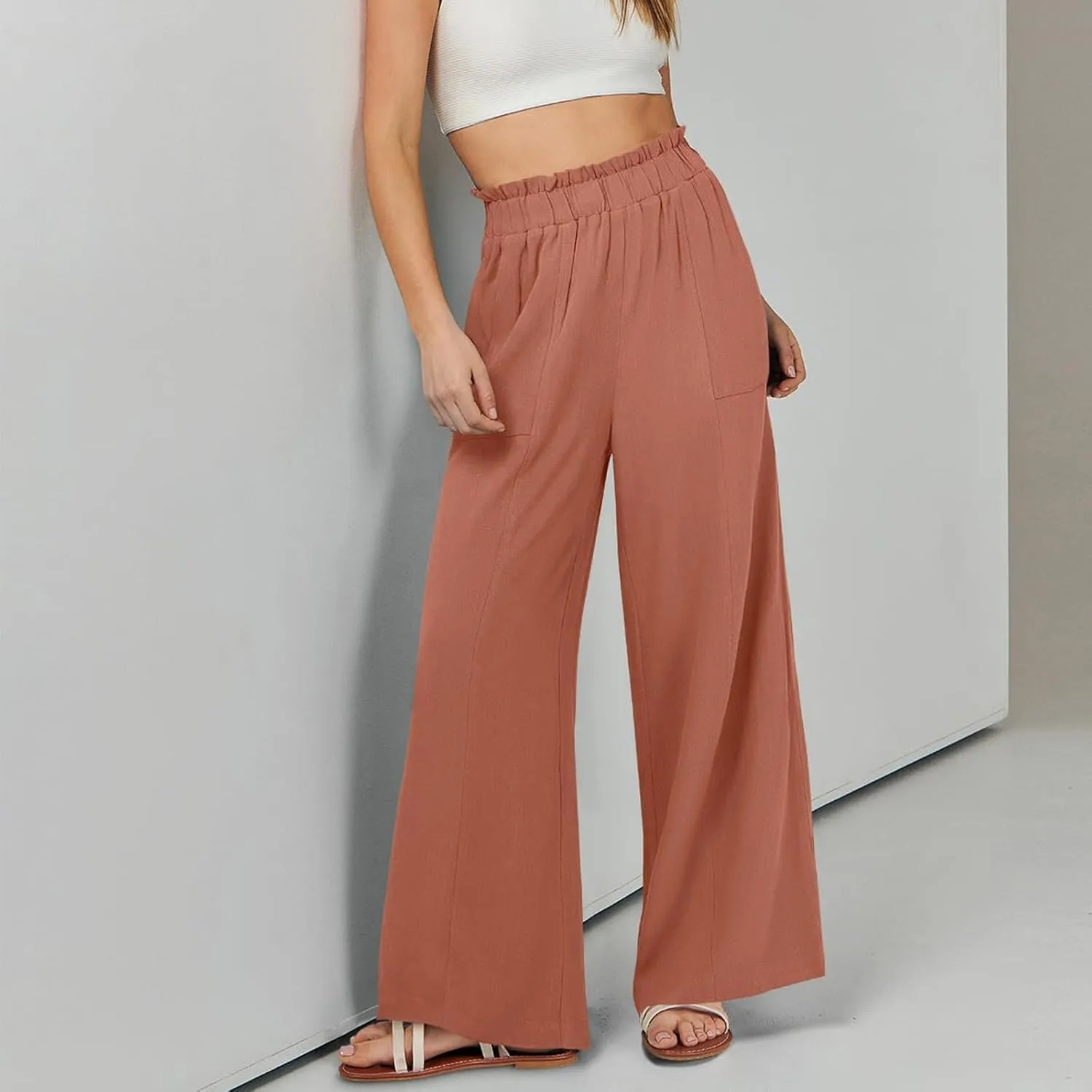 Wide Leg Dress Pants for Women Elastic Waist Loose Fit Work Pants Casual High Waisted Dressy Trousers with Pockets